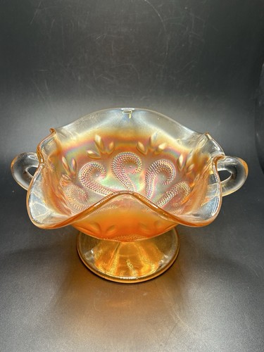 Vintage Dugan Orange Carnival Glass Two-Handled Footed Bon Bon Dish - Picture 6 of 11