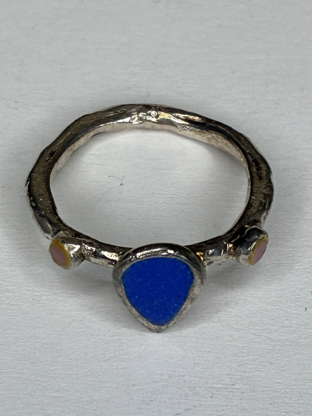 Handcrafted Silver Blue Stone Ring with Orange Ac… - image 2