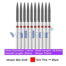 Vakker 10pc Dental 863-014F Fine Grit FG Diamond Burs Friction Grip Flame Shape