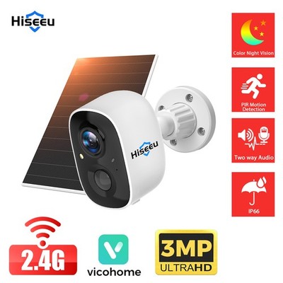 Hiseeu 3MP Wireless Outdoor Solar Battery Wifi Security Camera Color Night Audio