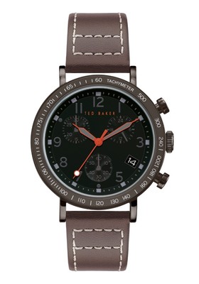 Ted Baker Herren Chronograph Uhr mit schwarzem Ziffernblatt und braunem Armband BKPMRF902