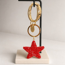Gold Metal Keyring Keychain w/ Red Rhinestone Star Charm for Women