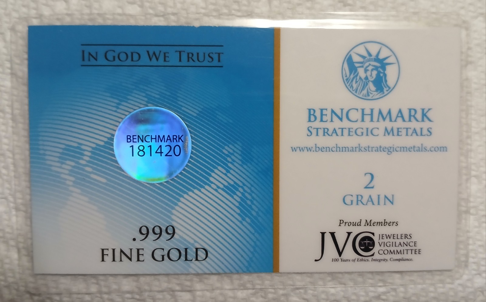 2 GRAINS GOLD BAR BENCHMARK STRATEGIC METALS CARDED 999.9% GOLD SERIAL#'S