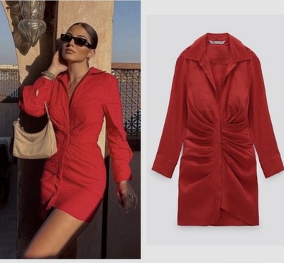 Zara Red Ruched Linen Collared Mini Bodycon Dress Long Sleeve, Size M