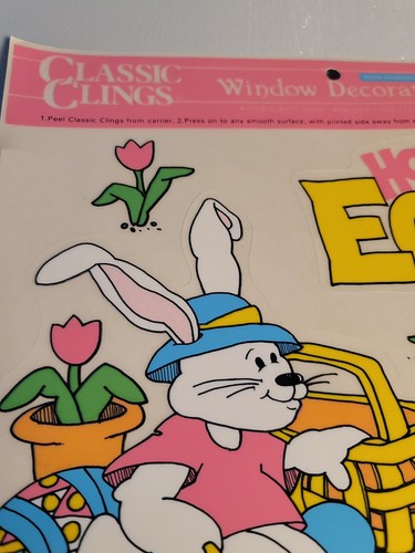 Vintage Lot 3 Sheets Cute Silly Easter Bunny Egg Basket Window Clings 1993 New - Picture 5 of 21