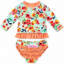 RuffleButts Baby Girl Swimsuit 3-6M Floral 2 Piece Rash Guard Ruffle Bikini