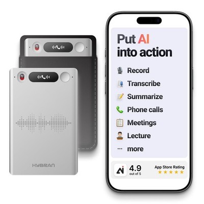 HyBran AI Voice Recorder for Phone Calls, Meetings & Lectures | Smart Silver 