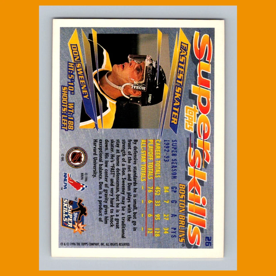 Don Sweeney #26 1995 Topps Super Skills Boston Bruins Hockey Card NHL NM - Image 2 of 3