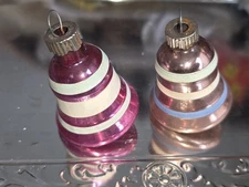 Lot 2 Shiny Brite Christmas Bells Mercury Glass Pink White Blue Stripes 2" 