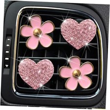 4 Pcs Pink Heart  Flower Pandent Air Vent Clips,Bling Heart and Flower Air