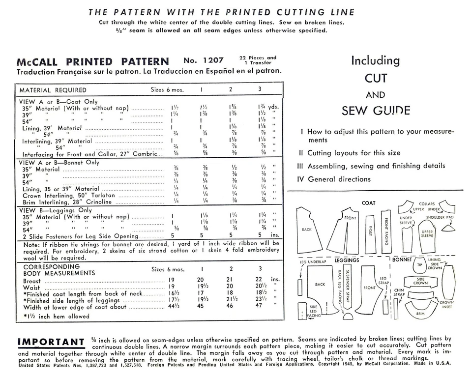 McCall 1207 Pattern Coat BONNET Leggings Hat Toddler Baby Embroidered - Image 3 of 4