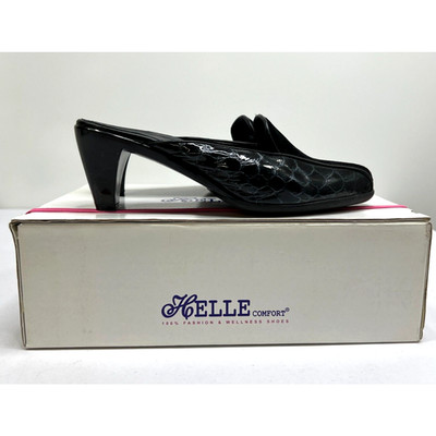 HELLE Women's Comfort Shoes Jackie Black Patent Leather Croc Heel Mule sz 8.5