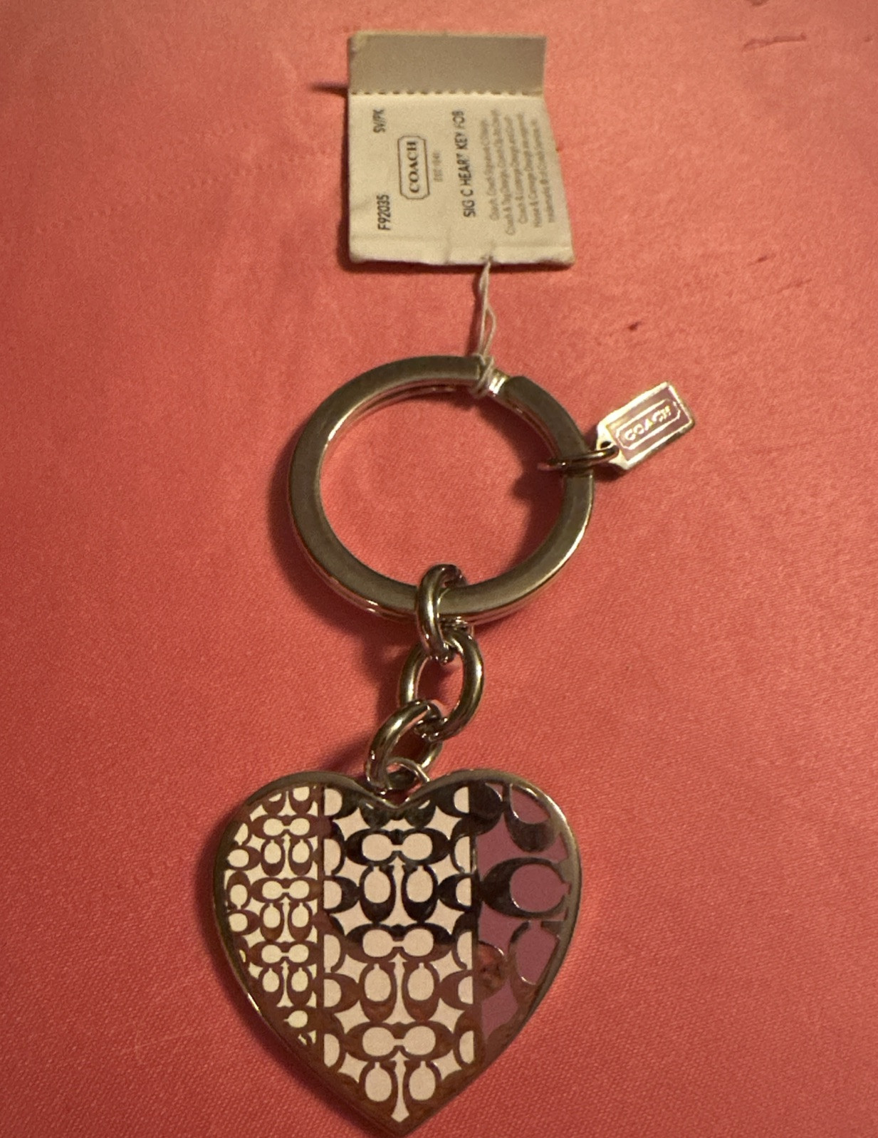 Coach Heart Keychain Silver Pink Emblem Monogram NWT