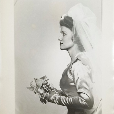 Vintage Wedding Photo Beautiful Bride Holding Flower Bouquet Side Profile ID'd