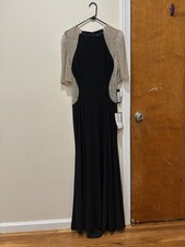 Xscape Caviar Beaded Mesh Short Sleeve Crew Neck Jersey Sheath Gown