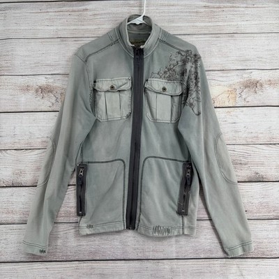 Triple Five Soul Y2K Embroidered Cargo Jacket Mens Large Gray Stretch Full Zip