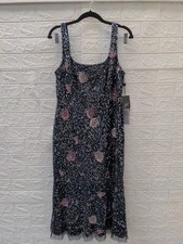 New Adrianna Papell Women's Square Neck Breaded Sequin Midi Dress Sz 14