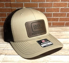 Richardson 112 Glock PU Leather Patch Trucker Hat, Gun Glock Hat - Khaki/Coffee