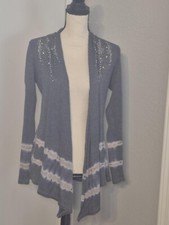 Gray Open-Front Sweater with Embellishments