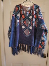 ethereal M Poncho Sweater w/Long Sleeve Aztec/Native American Fringe Great Cond