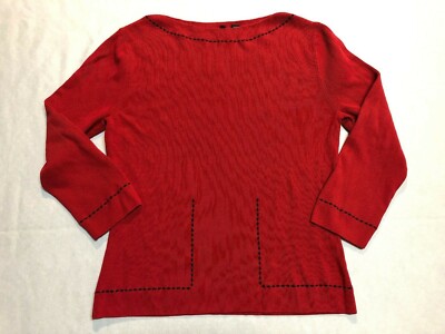 Vintage Venini Womens M Sweater Top Red Knit 3/4 Sleeve Black Trim Career