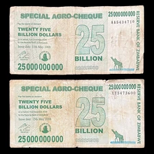 2x Zimbabwe $25 Billion Agro Cheque Check Banknote Bond *Heavily Circulated