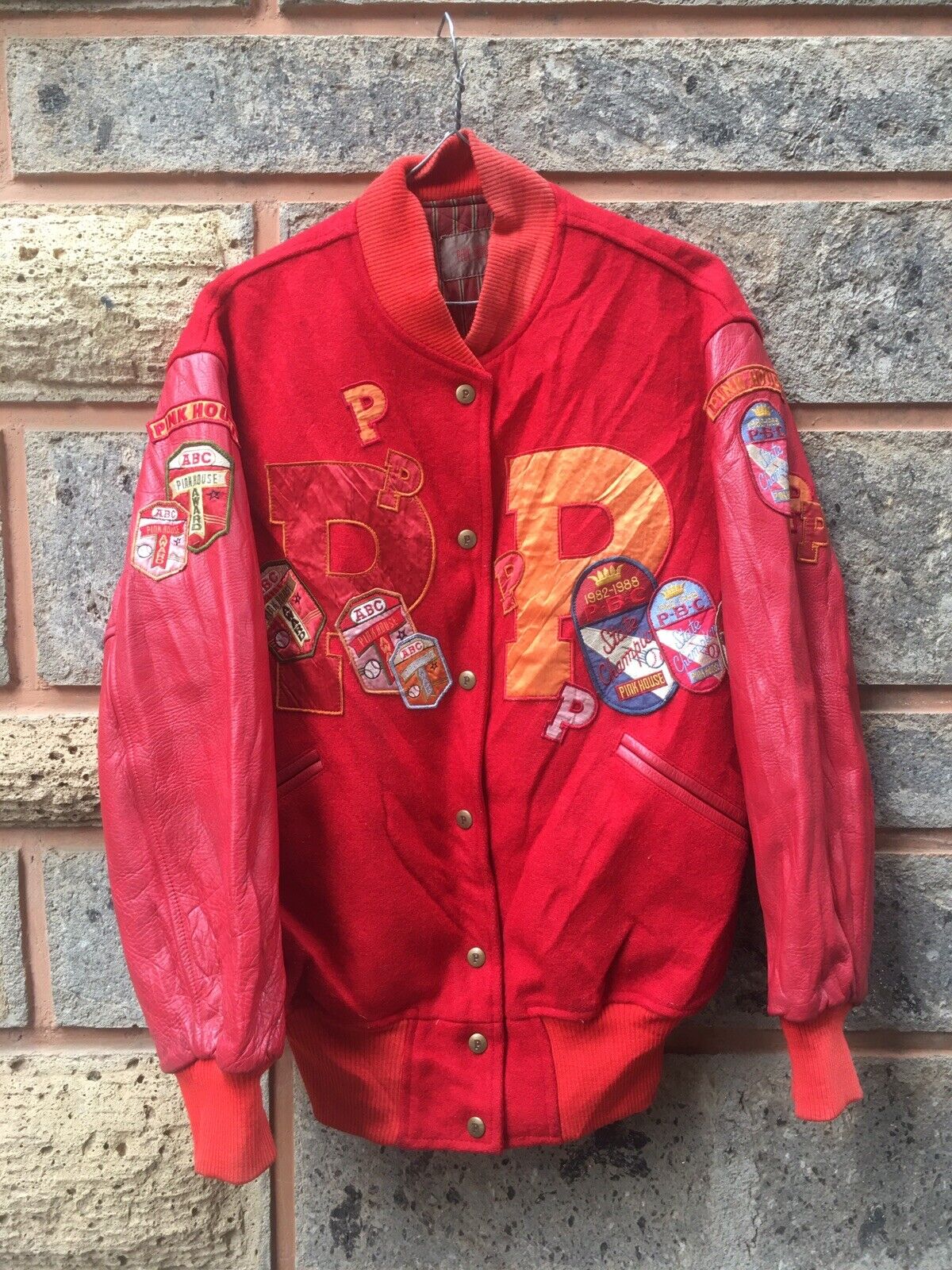 Rare Japanese Brand Pink House Red Varsity Big Pa… - image 1