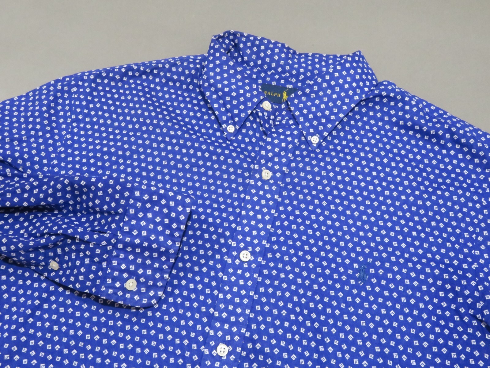 Polo Ralph Lauren camicia uomo XL blu bottoni stampa geometrica pony logo preppy