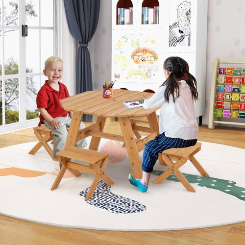 2 x 1 Kids Garden Wooden Picnic Table Set w/ 4 Stool Adjustable Umbrella Age 3+ - Picture 3 of 10