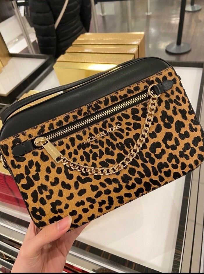 MICHAEL KORS JET ZIP CHAIN CROSSBODY BAG SHOULDER LEOPARD PRINT BLACK LEATHER