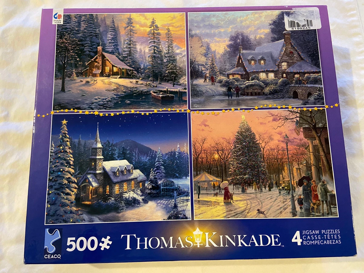 Thomas Kinkade Christmas 4 In One Box Puzzles 500 Piece Each 18x14 inch NEW