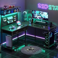 L Shaped Gaming Desk with LED Lights and Hutch, Computer Desk with Monitor Stand