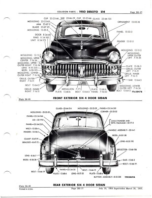 reprinted pages Collision part numbers for 1950 DeSoto cars Mopar parts book