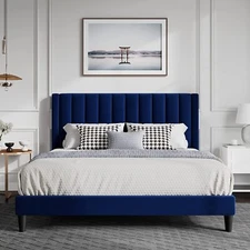 King Size Velvet Upholstered Vertical Channel Platform Bed with Headboard/Blue