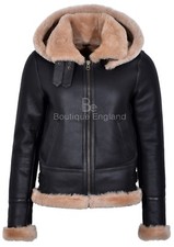 Ladies B3 Sheepskin Jacket Brown Beige Hooded Tops Real Shearling Fur Jacket F05