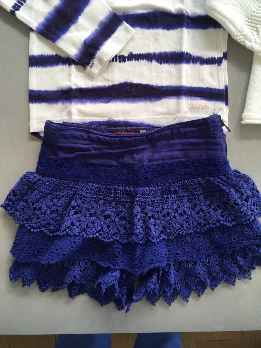 Ensemble 3 Pièces Catimini Pour Fille 4 Ans : Tee-shirt, Jupe-culotte Et Gilet Bleu - Occasion TB état