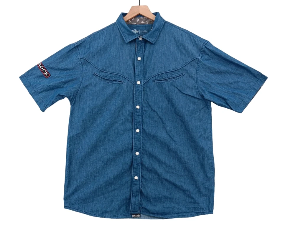 Camisa Hard Rock Hotel Para Hombres XL Azul Denim Sonrisa Bolsillos Bordado a Presión Guitarra Foto 2 de 4