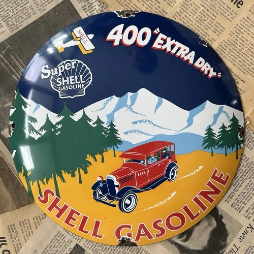 VINTAGE SUPER SHELL GASOLINE 400 EXTRA DRY 12 INCH CONVEX PORCELAIN ENAMEL SIGN