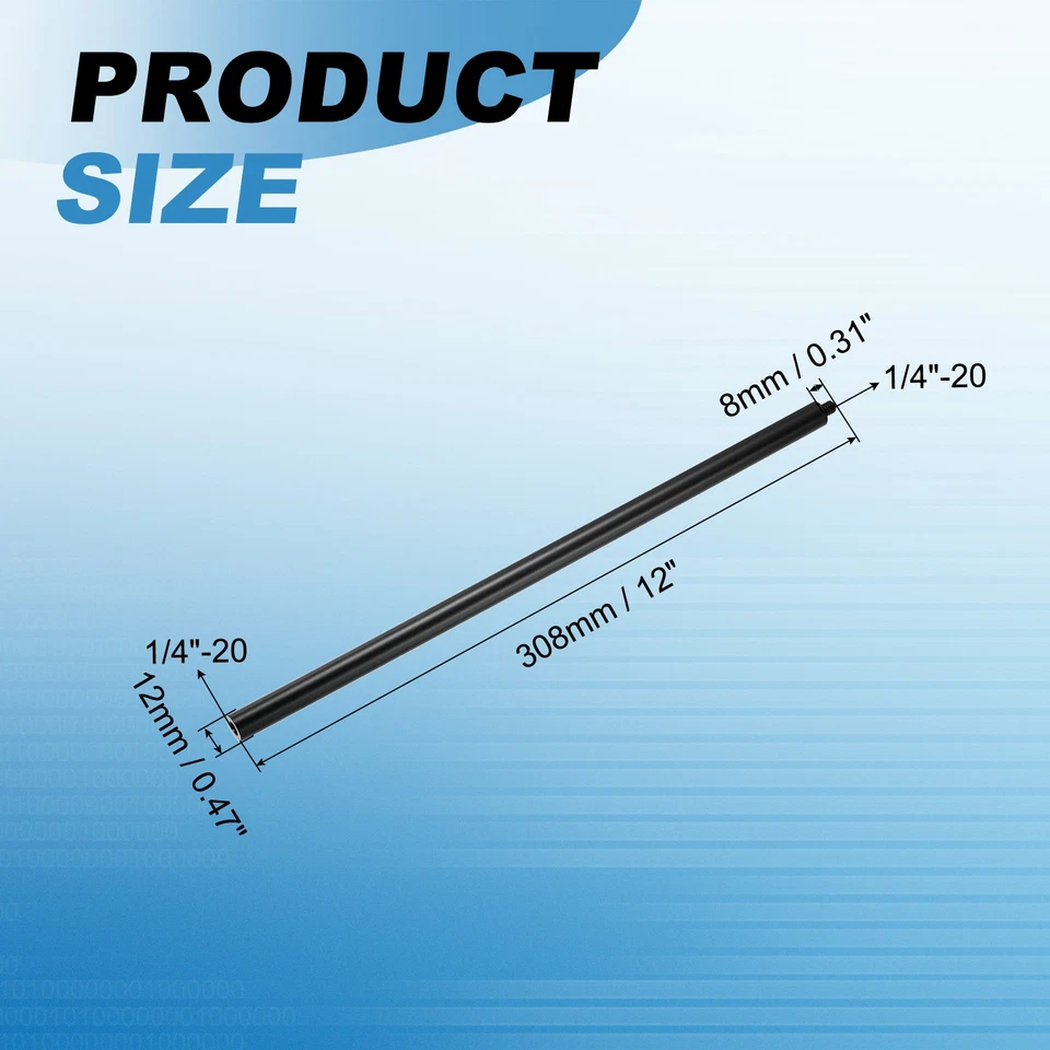 12" Metal Extension Rod, 2Pcs 1/4"-20 Female to Male Thread Tripod Tube Black Foto 2 de 4