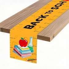 Back to School Table Runner, Yellow Ruler Design with Apple Pattern, 72 X 13 Inc