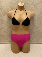 Shein Bikini. Black Gathered Top. Hot Pink High-waisted Bottoms. Size Medium