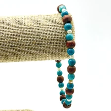 Beaded Bracelet Blue Brown Round Beads White Accents Boho Handmade Earthy Style