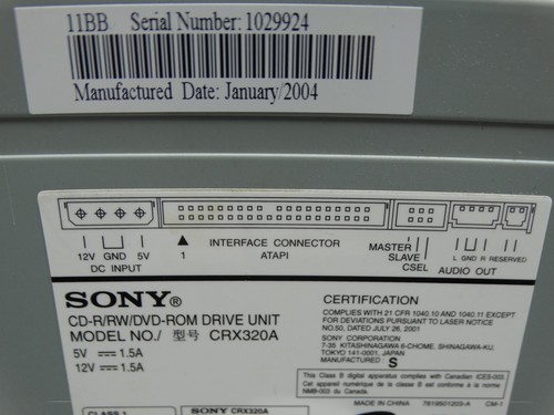 Sony Internal Drive CD-R/RW CD-ROM IDE Drive 52x/32x/52x/16x CRX320A - Picture 4 of 9