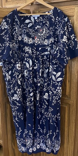 Only Necessities Navy Blue Floral Cotton House Dress Lounge Caftan Maxi ...