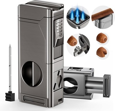 Cigar Torch Lighter, 4 Jet Flame Cigar Lighter with Cigar Cutter V Cut Cigar Acc