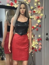 Small 90s Red Leather Pencil Skirt Vintage High Waisted Rocker Fitted Mini