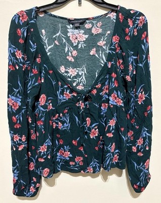 NWOT AEO American Eagle Floral Black Pink Flowy Blouse Scoop Long Sleeve Medium