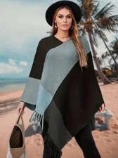 OS Black Blue and Grey Color Block Knit Poncho with Fringe