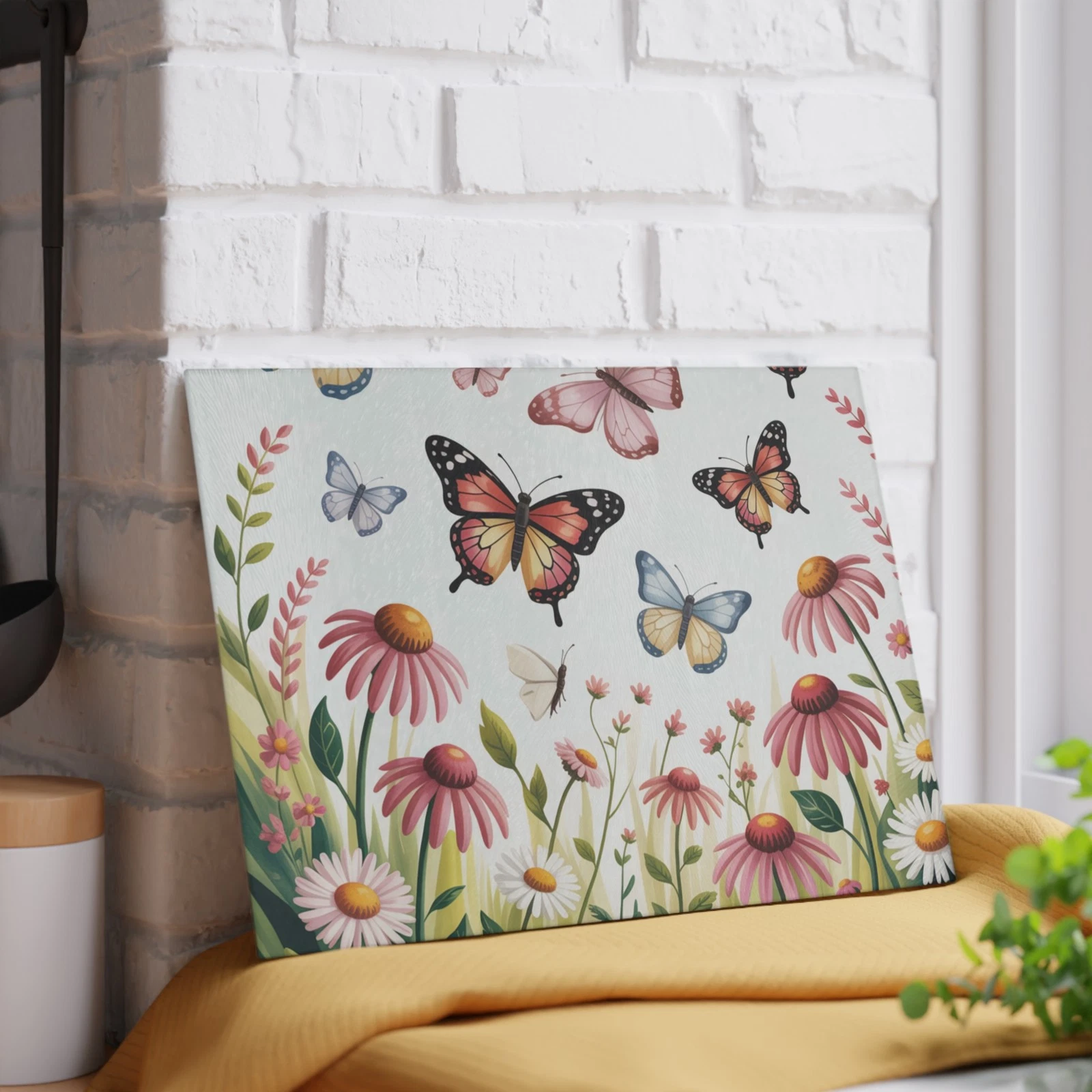 Butterflies and Wildflowers Glass Cutting Board | Floral Kitchen Decor