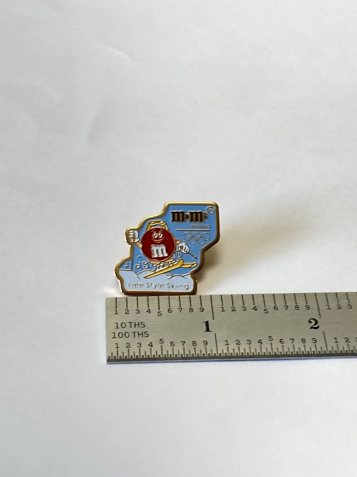Vintage M&M Brand Albertville Olympic Games Freestyle Skiing Enamel Pin Red Skii - Image 4 of 4